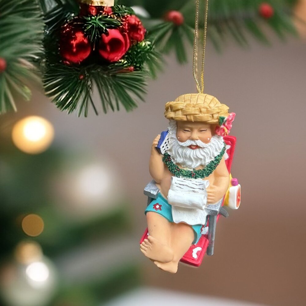 Island Heritage Hawaiian “Working Santa” Christmas Ornament Hand Painted Resin